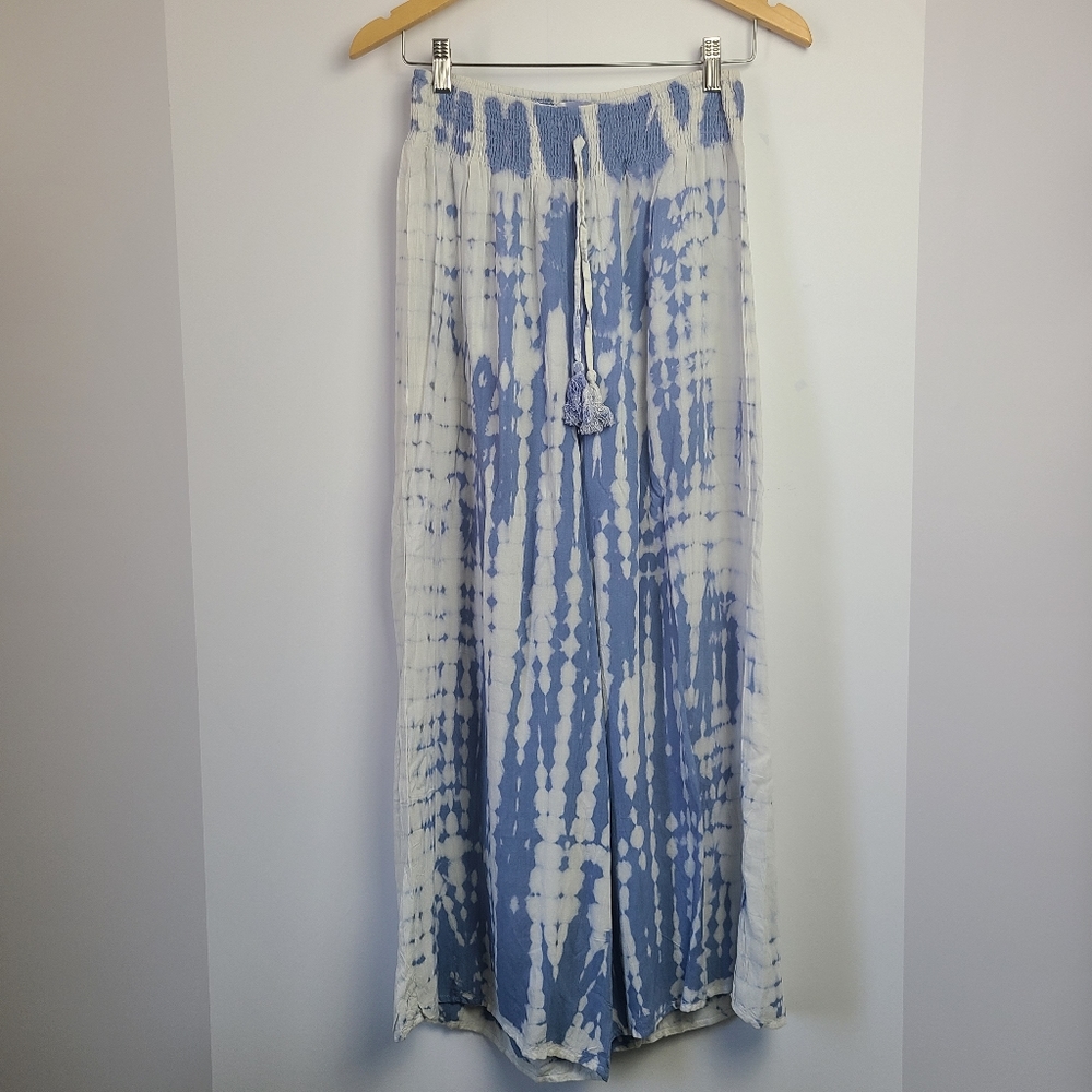 Wide Leg Tie-Dye Palazzo Pants - Blue & White